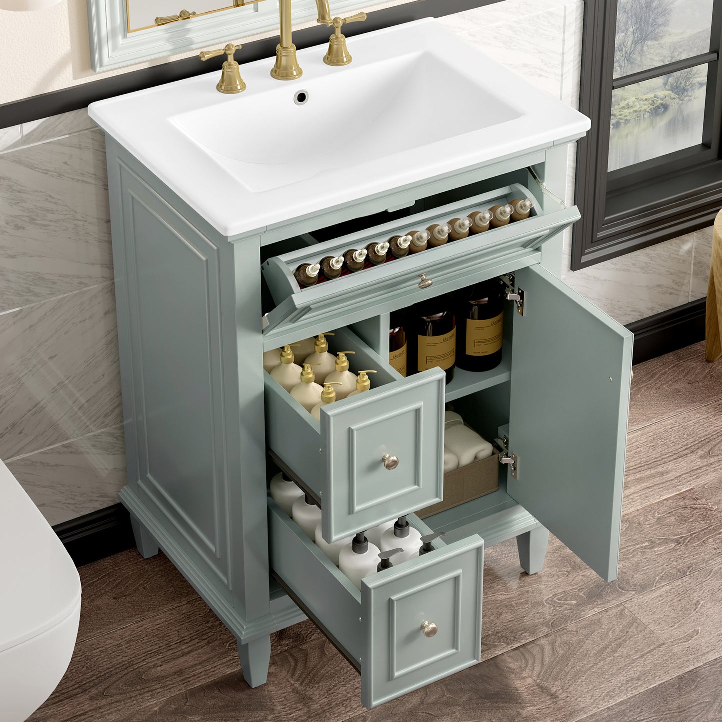 VanityFus 24-in Bathroom Vanity Green Single Sink Combo with Ceramic Top 1 Door 3 Drawers Adjustable Shelves