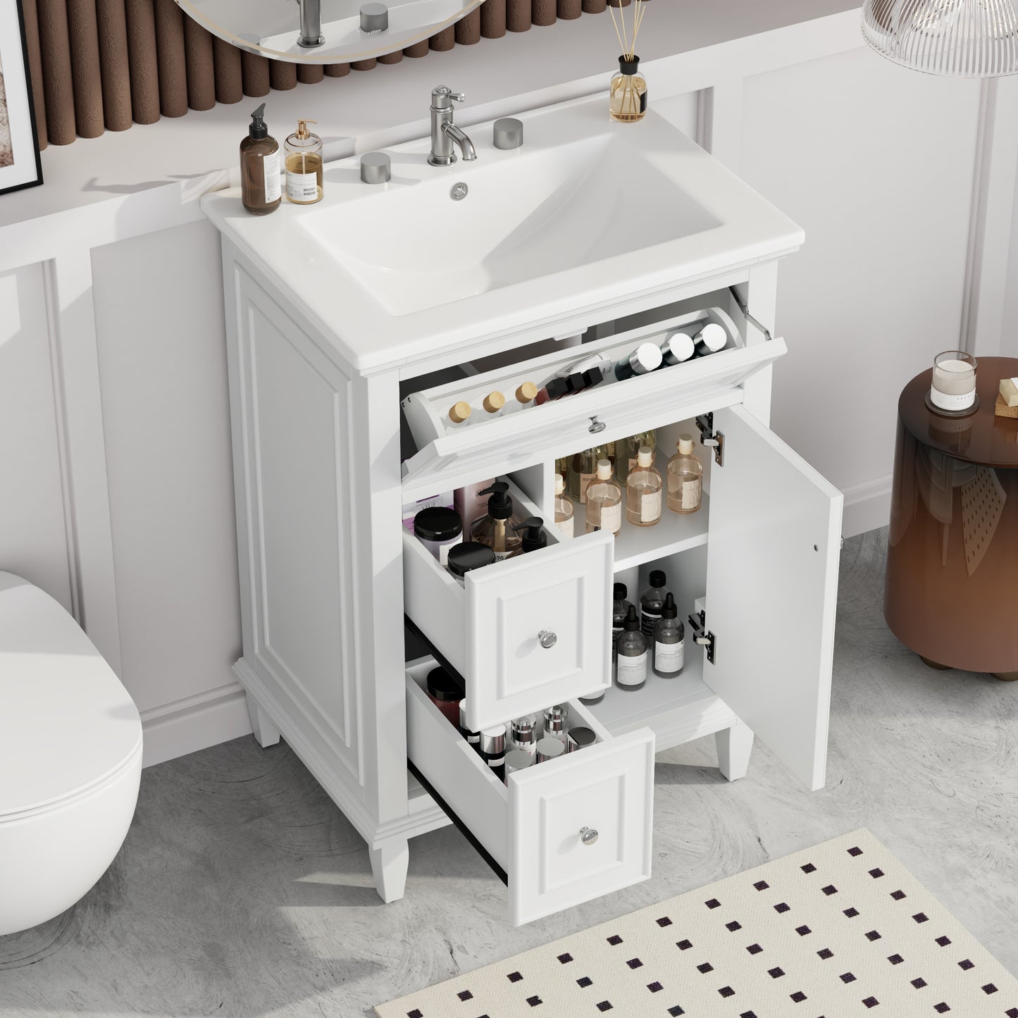 VanityFus 24-in Bathroom Vanity White Single Sink Combo with Ceramic Top 1 Door 3 Drawers Adjustable Shelves
