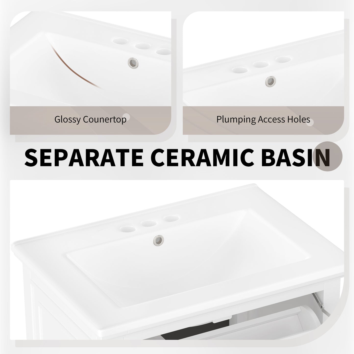 VanityFus 24-in Bathroom Vanity White Single Sink Combo with Ceramic Top 1 Door 3 Drawers Adjustable Shelves