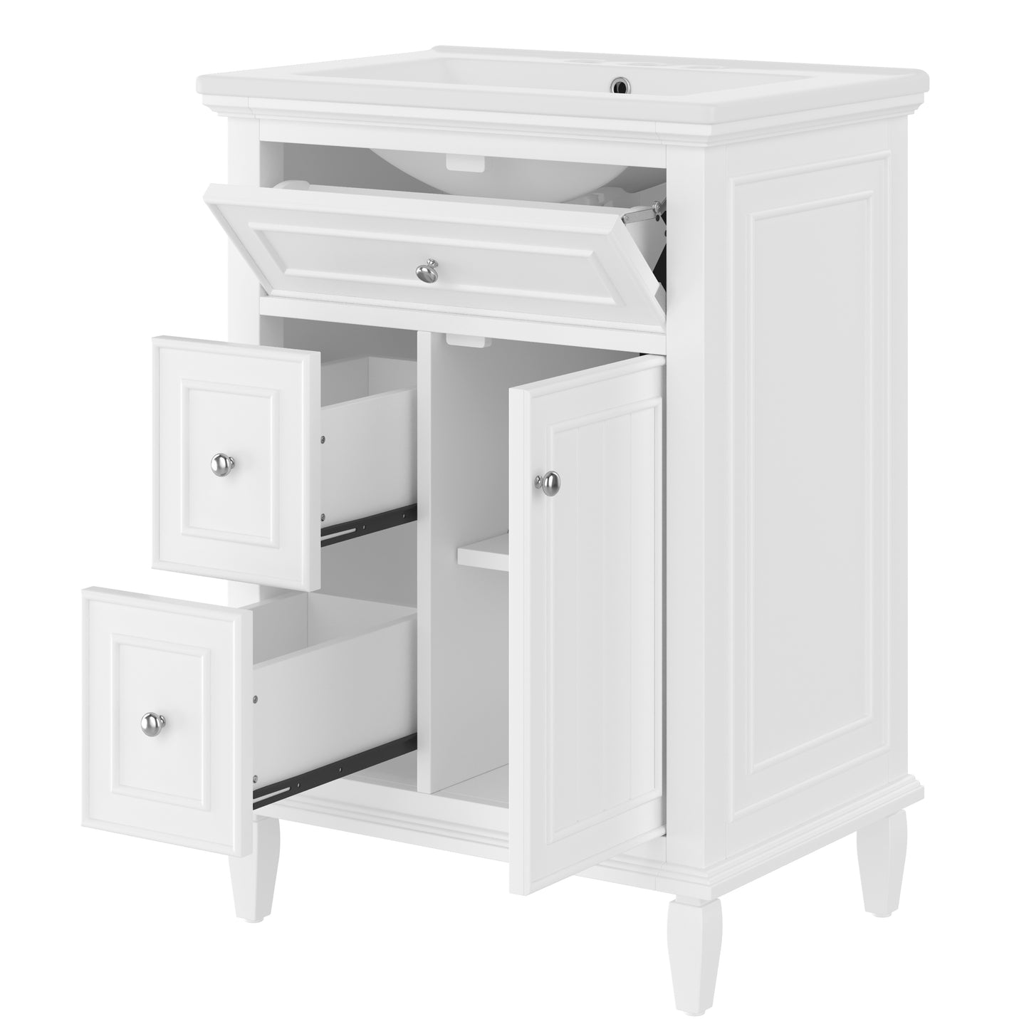 VanityFus 24-in Bathroom Vanity White Single Sink Combo with Ceramic Top 1 Door 3 Drawers Adjustable Shelves