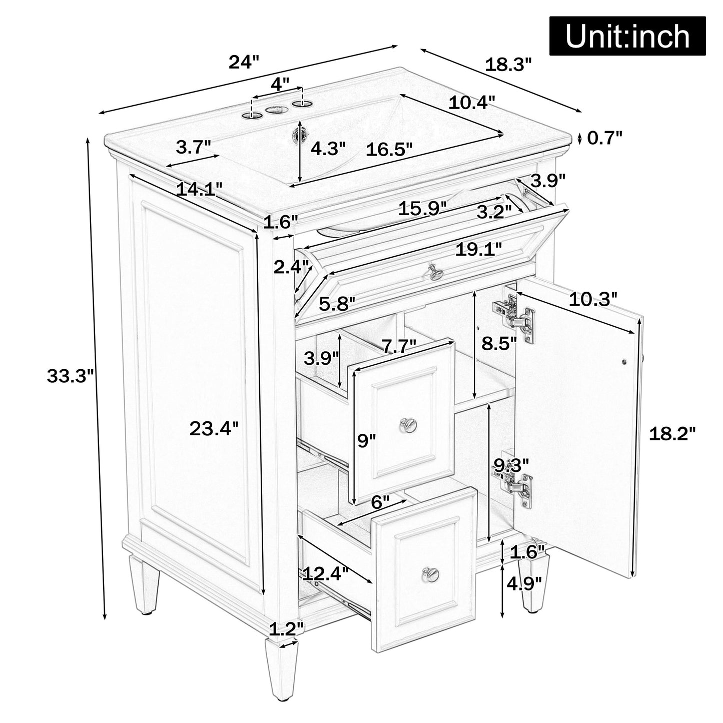VanityFus 24-in Bathroom Vanity White Single Sink Combo with Ceramic Top 1 Door 3 Drawers Adjustable Shelves