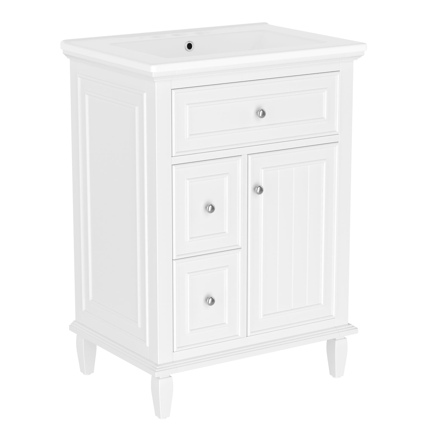 VanityFus 24-in Bathroom Vanity White Single Sink Combo with Ceramic Top 1 Door 3 Drawers Adjustable Shelves