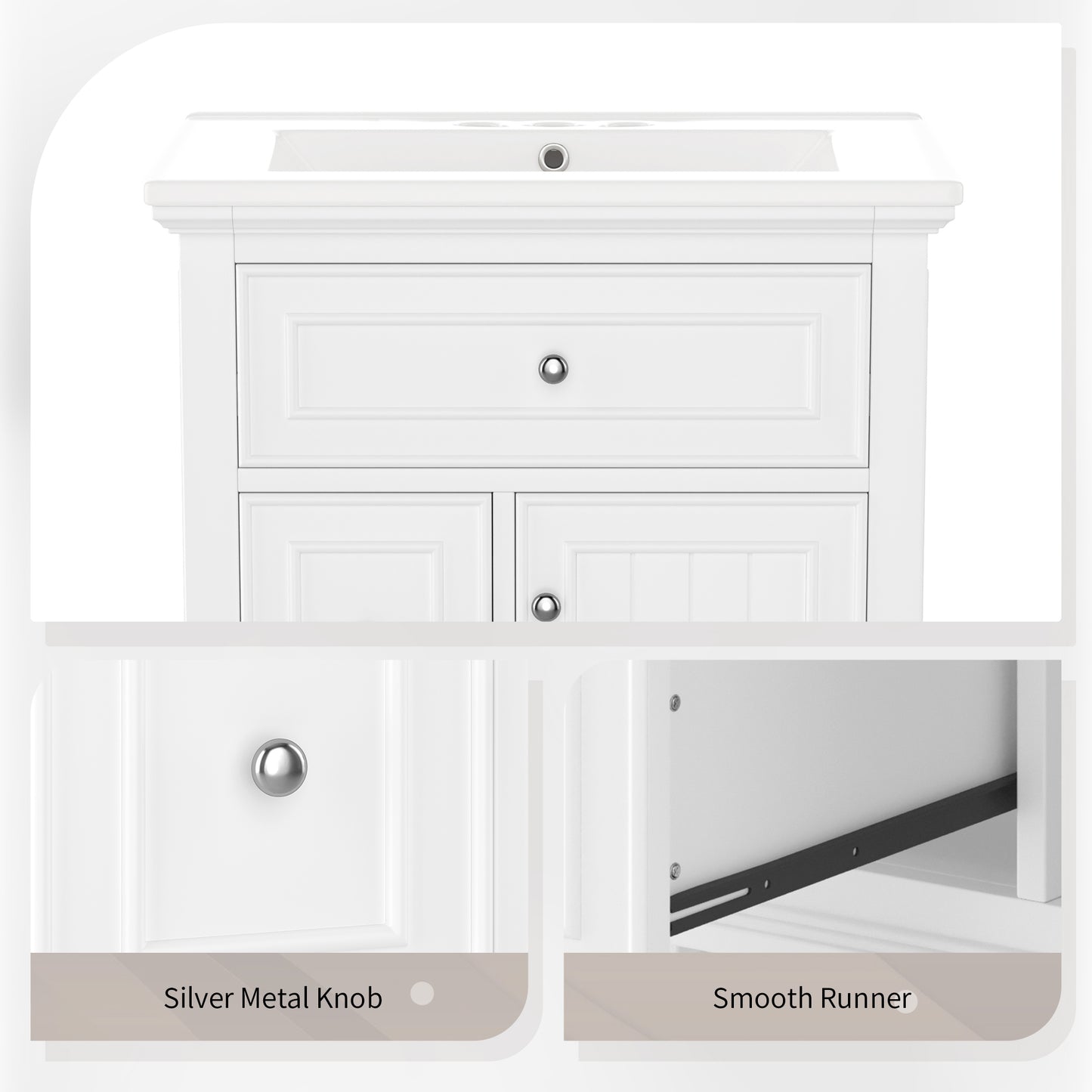 VanityFus 24-in Bathroom Vanity White Single Sink Combo with Ceramic Top 1 Door 3 Drawers Adjustable Shelves