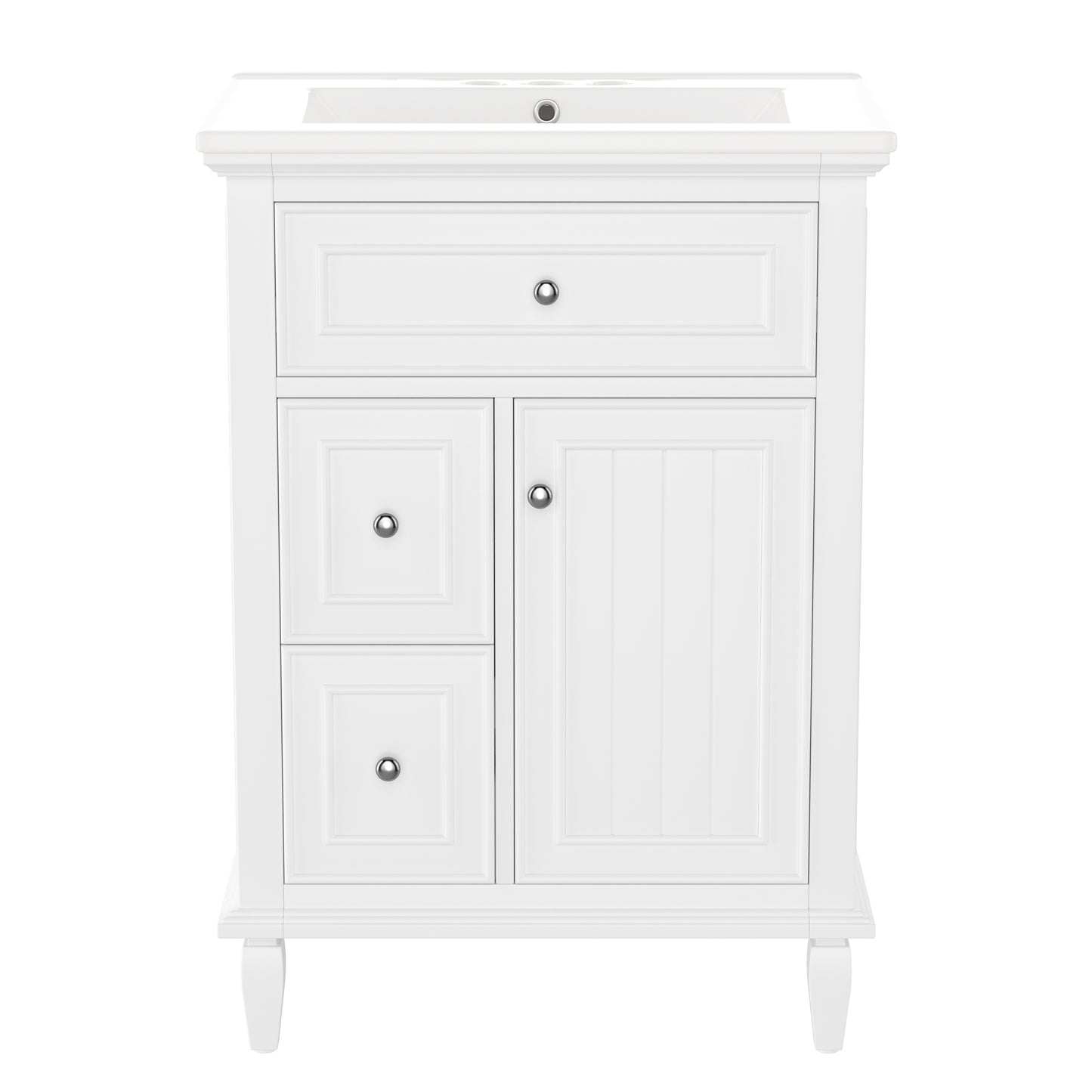 VanityFus 24-in Bathroom Vanity White Single Sink Combo with Ceramic Top 1 Door 3 Drawers Adjustable Shelves