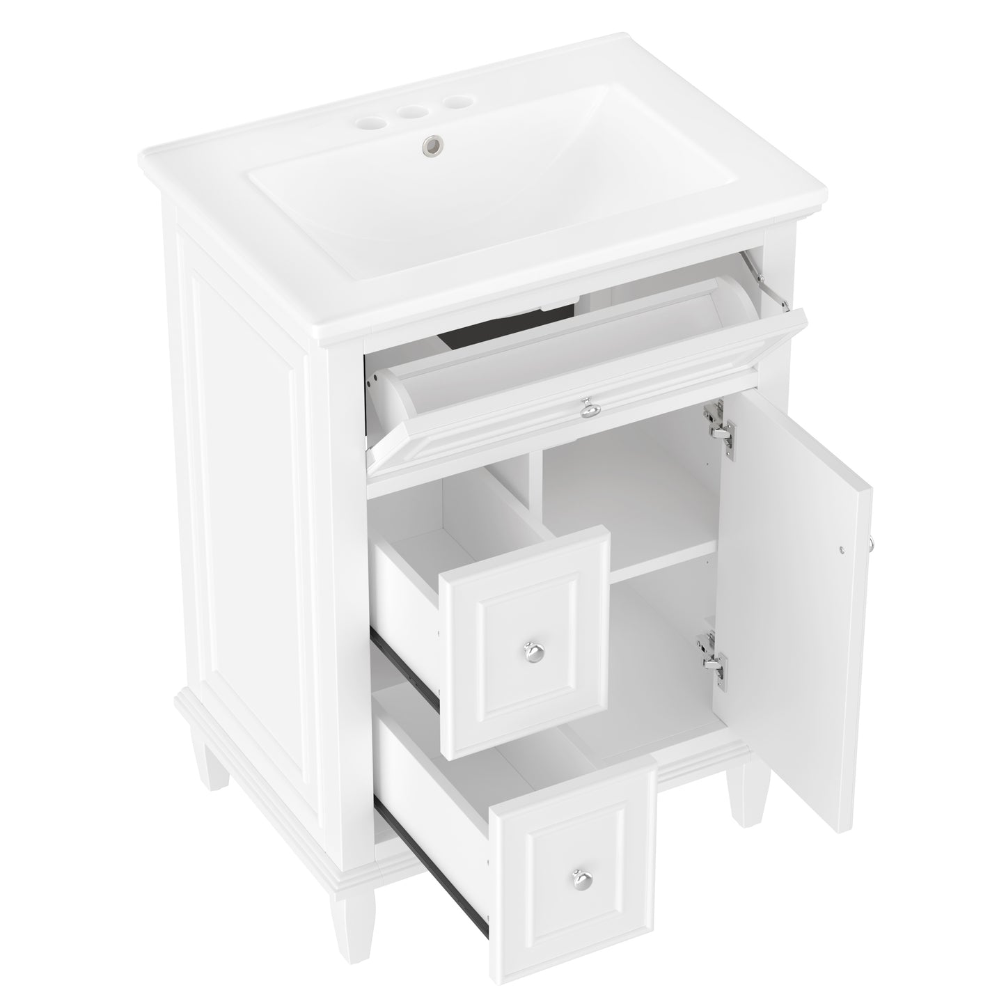 VanityFus 24-in Bathroom Vanity White Single Sink Combo with Ceramic Top 1 Door 3 Drawers Adjustable Shelves