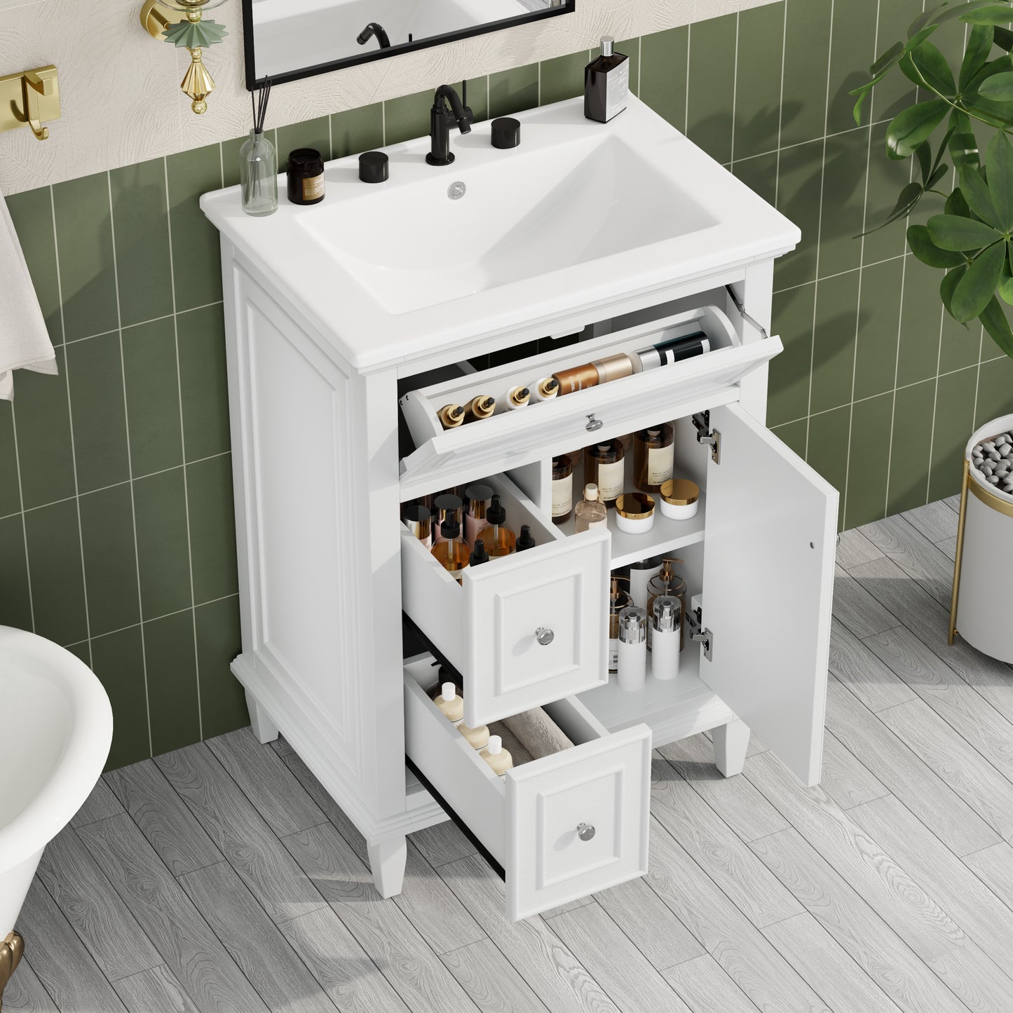VanityFus 24-in Bathroom Vanity White Single Sink Combo with Ceramic Top 1 Door 3 Drawers Adjustable Shelves