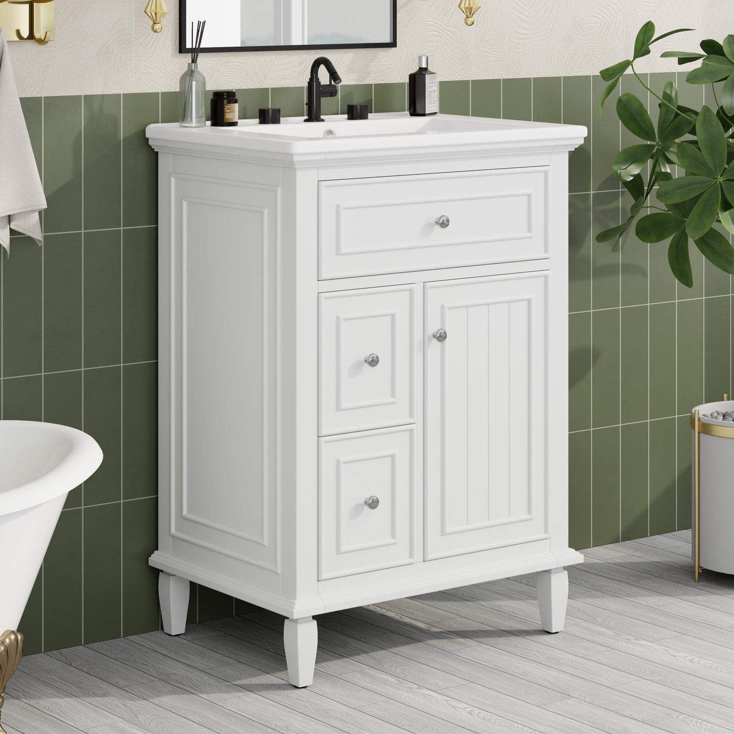 VanityFus 24-in Bathroom Vanity White Single Sink Combo with Ceramic Top 1 Door 3 Drawers Adjustable Shelves