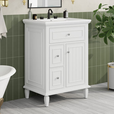 VanityFus 24-in Bathroom Vanity White Single Sink Combo with Ceramic Top 1 Door 3 Drawers Adjustable Shelves
