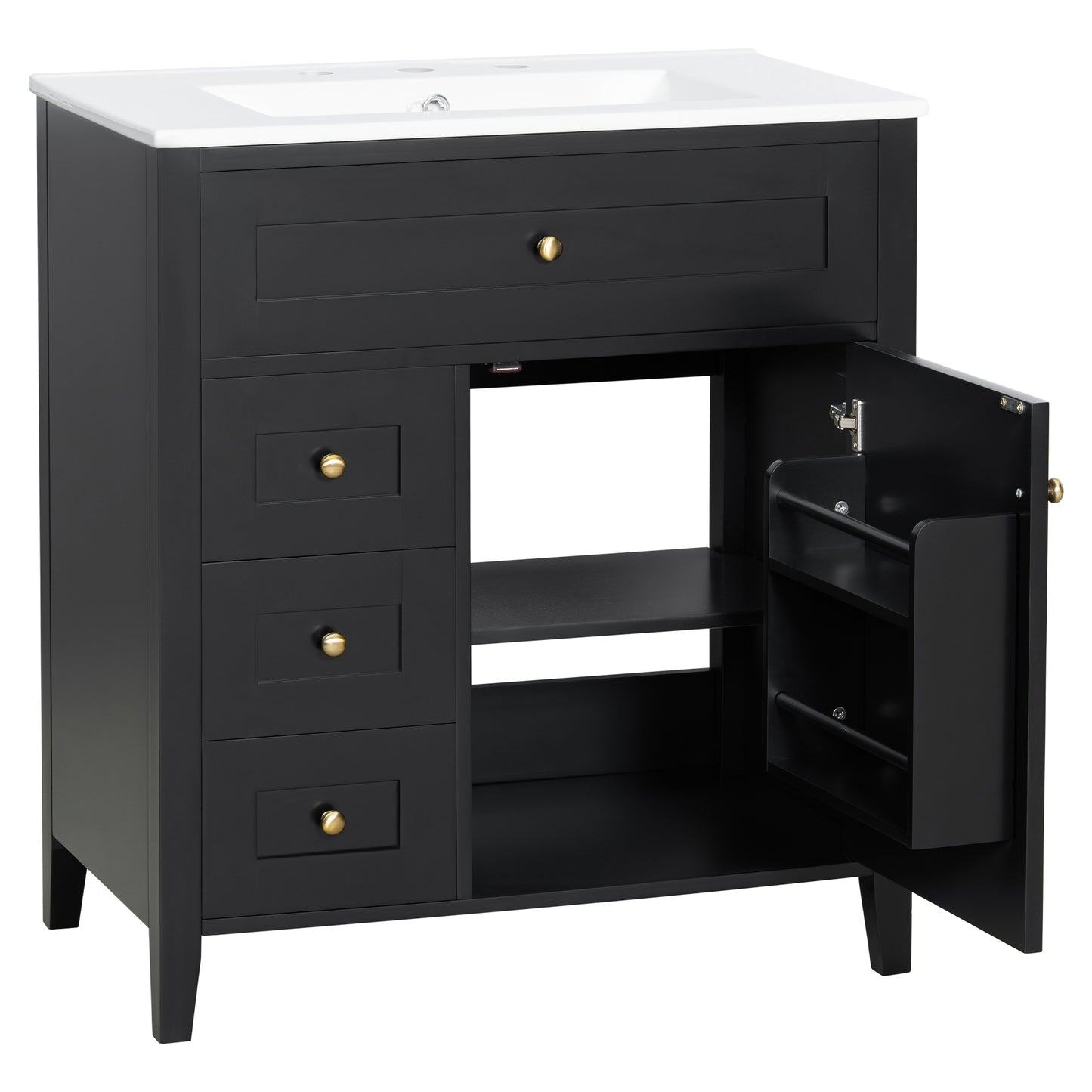 VanityFus 30-in Black Bathroom Vanity Single Sink Combo Ceramic Top 1 door 4 drawers Adjustable Shelves