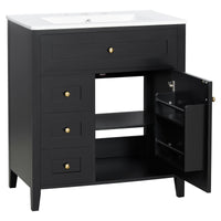 VanityFus 30-in Black Bathroom Vanity Single Sink Combo Ceramic Top 1 door 4 drawers Adjustable Shelves