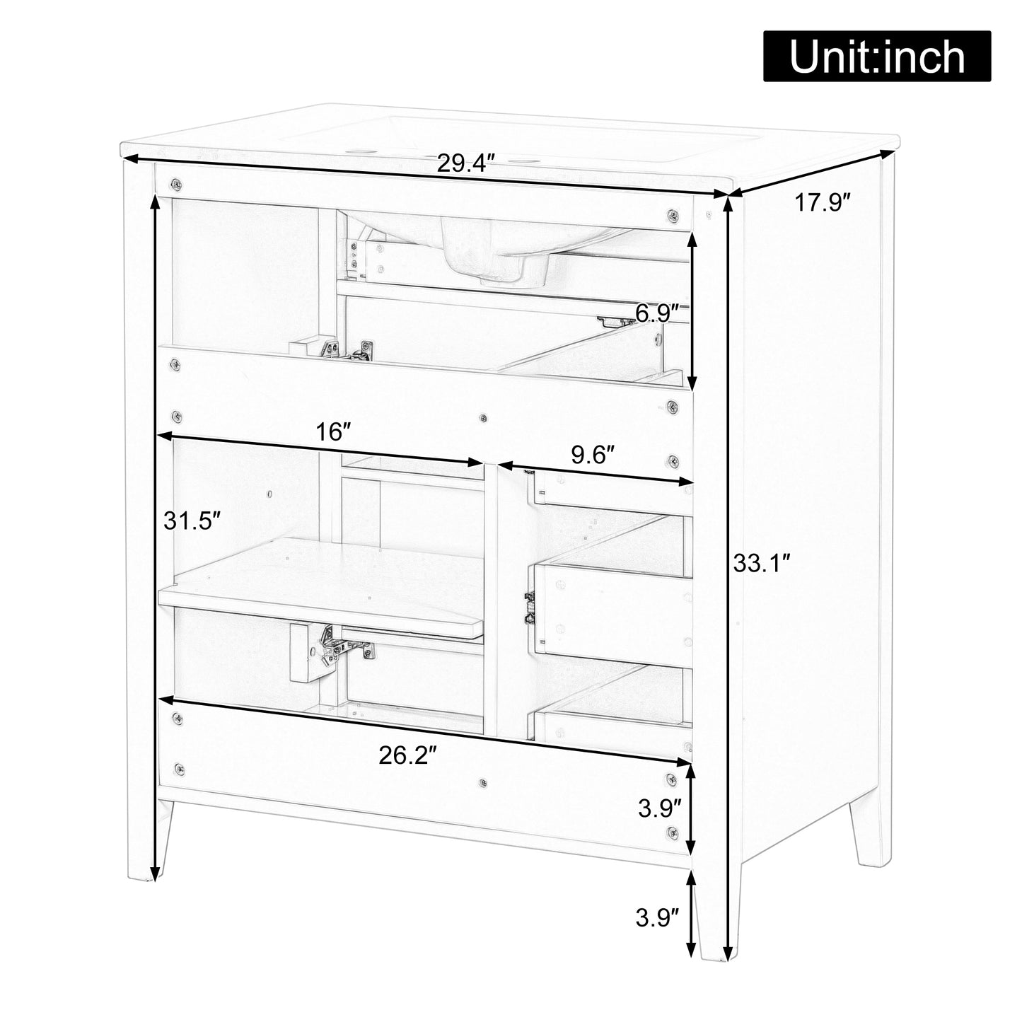 VanityFus 30-in Black Bathroom Vanity Single Sink Combo Ceramic Top 1 door 4 drawers Adjustable Shelves