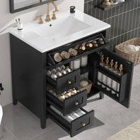 VanityFus 30-in Black Bathroom Vanity Single Sink Combo Ceramic Top 1 door 4 drawers Adjustable Shelves