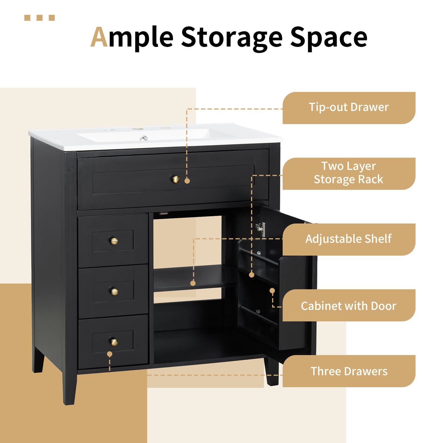 VanityFus 30-in Black Bathroom Vanity Single Sink Combo Ceramic Top 1 door 4 drawers Adjustable Shelves