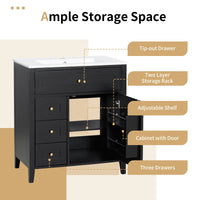 VanityFus 30-in Black Bathroom Vanity Single Sink Combo Ceramic Top 1 door 4 drawers Adjustable Shelves