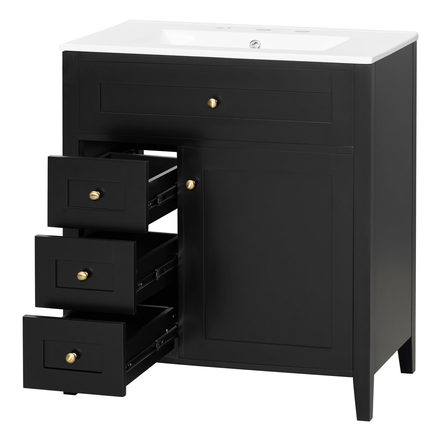 VanityFus 30-in Black Bathroom Vanity Single Sink Combo Ceramic Top 1 door 4 drawers Adjustable Shelves