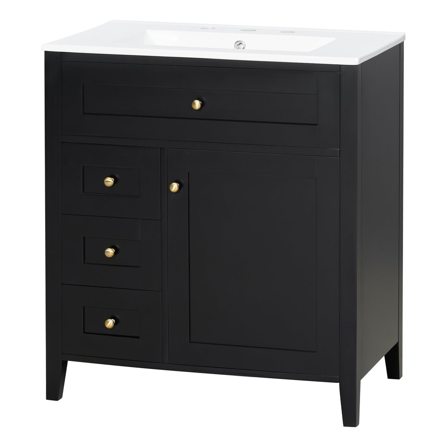 VanityFus 30-in Black Bathroom Vanity Single Sink Combo Ceramic Top 1 door 4 drawers Adjustable Shelves