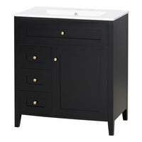 VanityFus 30-in Black Bathroom Vanity Single Sink Combo Ceramic Top 1 door 4 drawers Adjustable Shelves