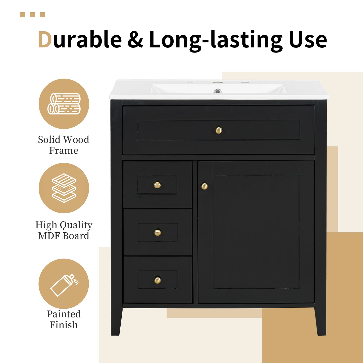 VanityFus 30-in Black Bathroom Vanity Single Sink Combo Ceramic Top 1 door 4 drawers Adjustable Shelves