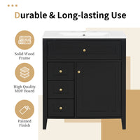 VanityFus 30-in Black Bathroom Vanity Single Sink Combo Ceramic Top 1 door 4 drawers Adjustable Shelves
