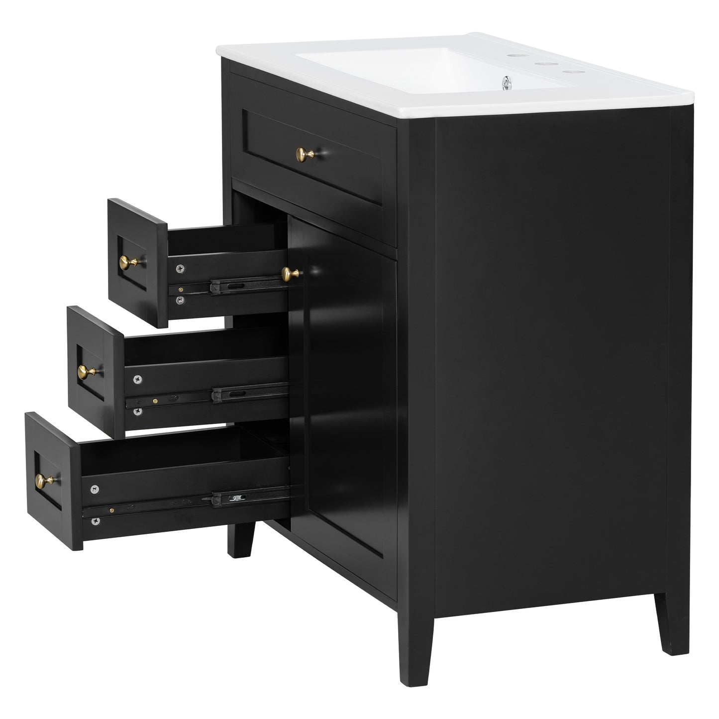 VanityFus 30-in Black Bathroom Vanity Single Sink Combo Ceramic Top 1 door 4 drawers Adjustable Shelves