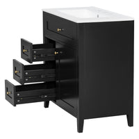 VanityFus 30-in Black Bathroom Vanity Single Sink Combo Ceramic Top 1 door 4 drawers Adjustable Shelves