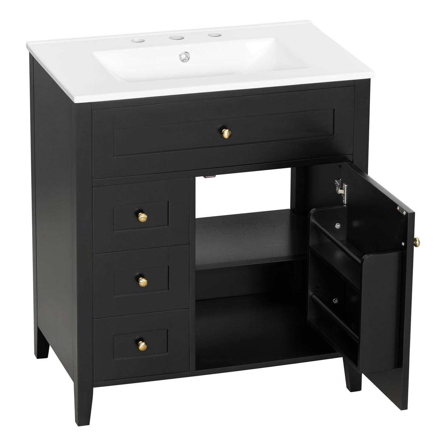 VanityFus 30-in Black Bathroom Vanity Single Sink Combo Ceramic Top 1 door 4 drawers Adjustable Shelves