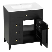 VanityFus 30-in Black Bathroom Vanity Single Sink Combo Ceramic Top 1 door 4 drawers Adjustable Shelves