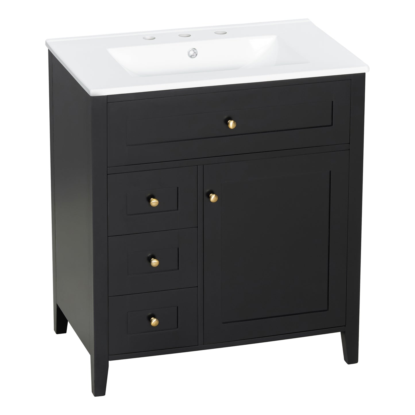 VanityFus 30-in Black Bathroom Vanity Single Sink Combo Ceramic Top 1 door 4 drawers Adjustable Shelves