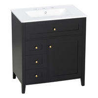 VanityFus 30-in Black Bathroom Vanity Single Sink Combo Ceramic Top 1 door 4 drawers Adjustable Shelves