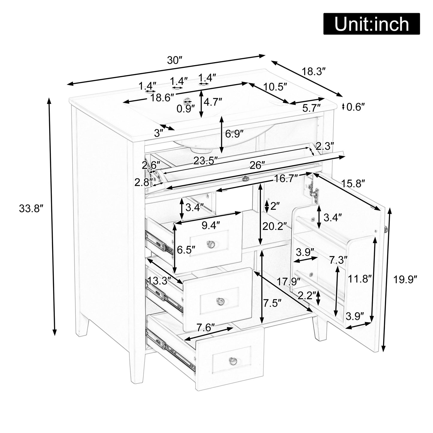 VanityFus 30-in Black Bathroom Vanity Single Sink Combo Ceramic Top 1 door 4 drawers Adjustable Shelves