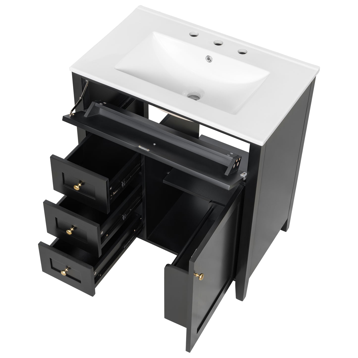 VanityFus 30-in Black Bathroom Vanity Single Sink Combo Ceramic Top 1 door 4 drawers Adjustable Shelves