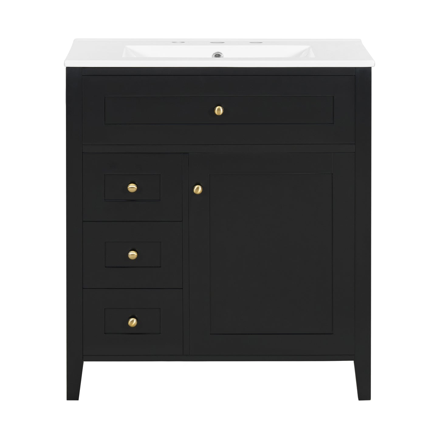 VanityFus 30-in Black Bathroom Vanity Single Sink Combo Ceramic Top 1 door 4 drawers Adjustable Shelves