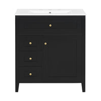 VanityFus 30-in Black Bathroom Vanity Single Sink Combo Ceramic Top 1 door 4 drawers Adjustable Shelves