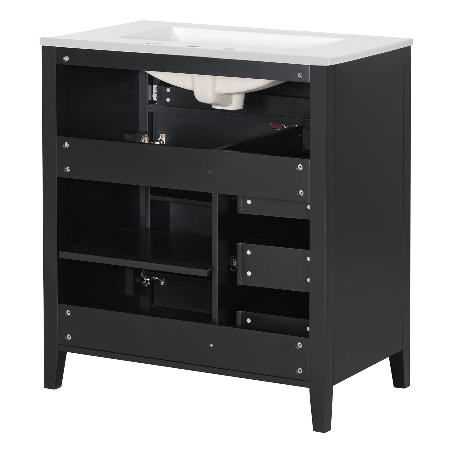 VanityFus 30-in Black Bathroom Vanity Single Sink Combo Ceramic Top 1 door 4 drawers Adjustable Shelves