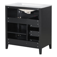 VanityFus 30-in Black Bathroom Vanity Single Sink Combo Ceramic Top 1 door 4 drawers Adjustable Shelves