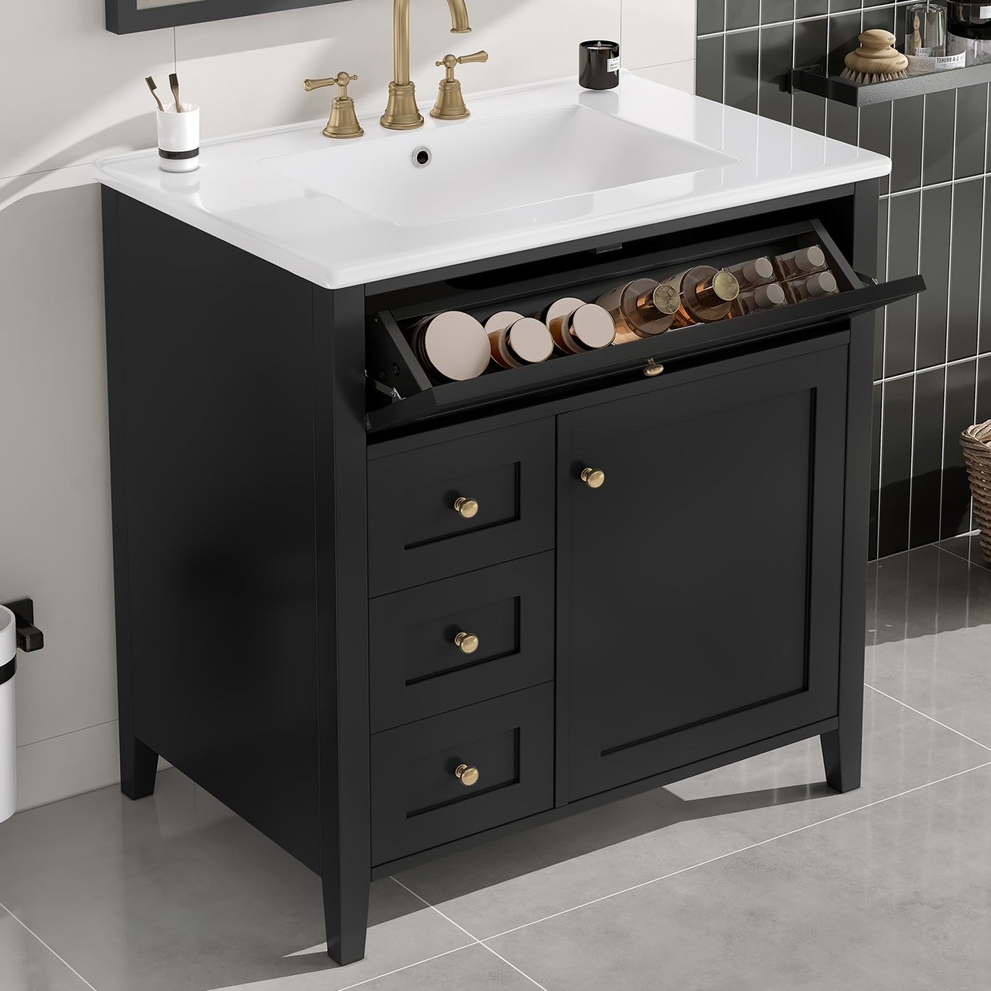 VanityFus 30-in Black Bathroom Vanity Single Sink Combo Ceramic Top 1 door 4 drawers Adjustable Shelves