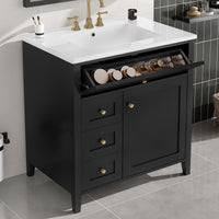 VanityFus 30-in Black Bathroom Vanity Single Sink Combo Ceramic Top 1 door 4 drawers Adjustable Shelves
