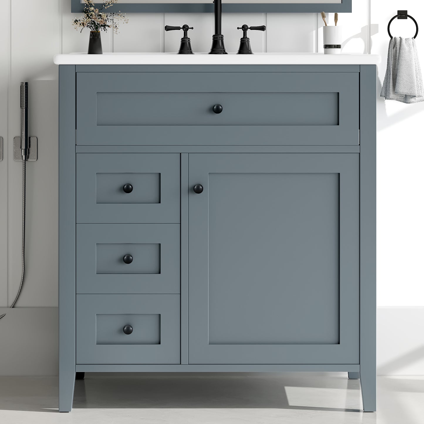 VanityFus 30-in Blue Grey Bathroom Vanity Single Sink Combo Ceramic Top 1 door 4 drawers Adjustable Shelves