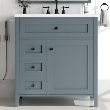 VanityFus 30-in Blue Grey Bathroom Vanity Single Sink Combo Ceramic Top 1 door 4 drawers Adjustable Shelves