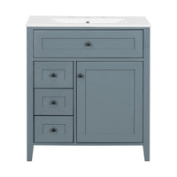 VanityFus 30-in Blue Grey Bathroom Vanity Single Sink Combo Ceramic Top 1 door 4 drawers Adjustable Shelves