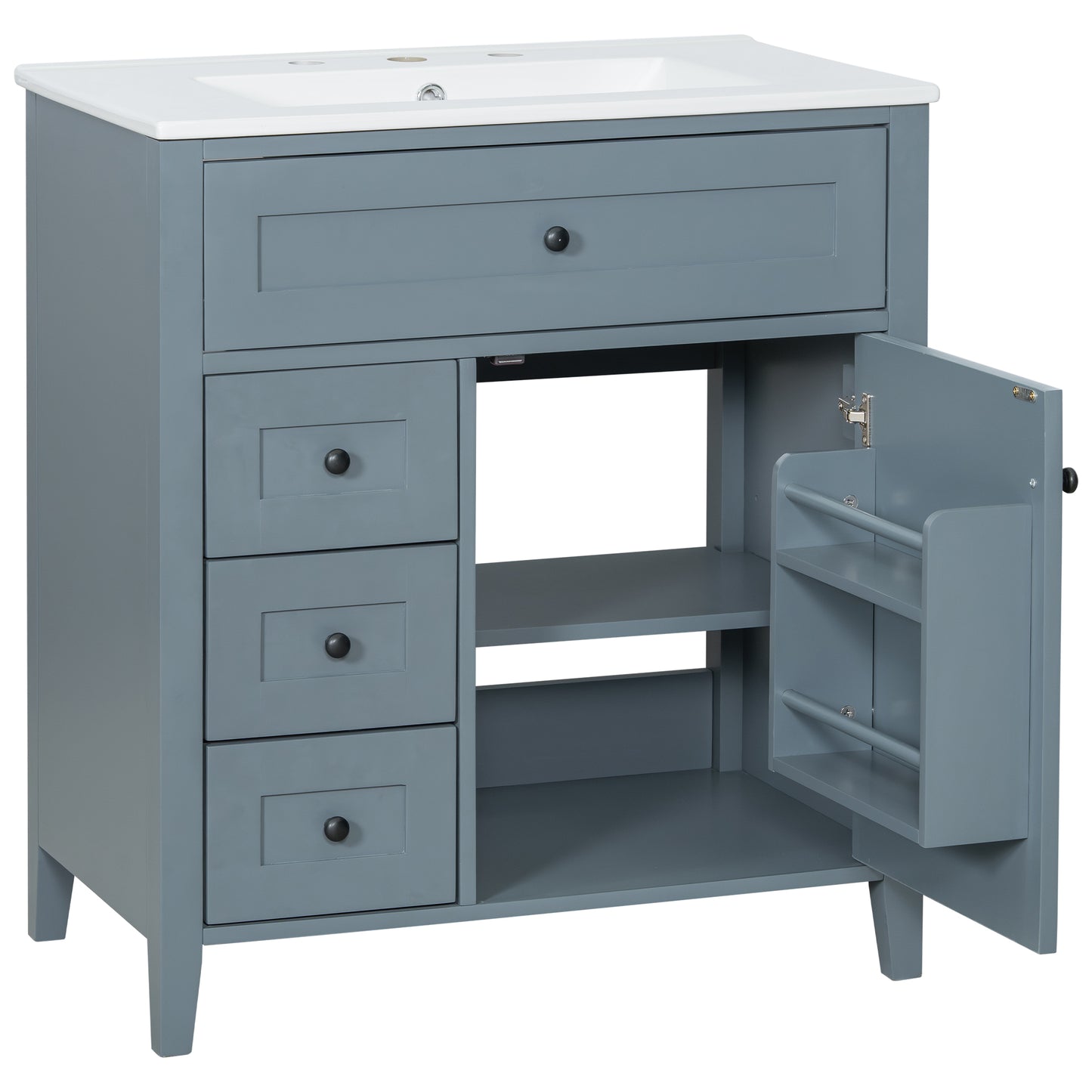 VanityFus 30-in Blue Grey Bathroom Vanity Single Sink Combo Ceramic Top 1 door 4 drawers Adjustable Shelves