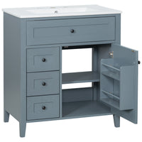VanityFus 30-in Blue Grey Bathroom Vanity Single Sink Combo Ceramic Top 1 door 4 drawers Adjustable Shelves