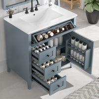 VanityFus 30-in Blue Grey Bathroom Vanity Single Sink Combo Ceramic Top 1 door 4 drawers Adjustable Shelves