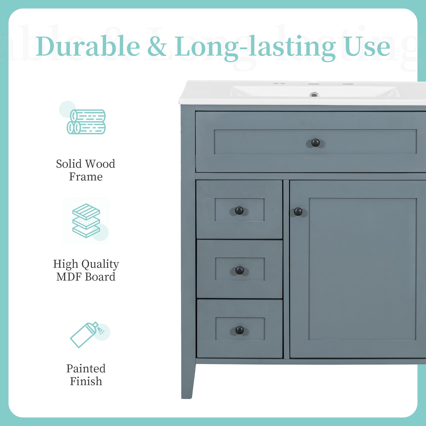 VanityFus 30-in Blue Grey Bathroom Vanity Single Sink Combo Ceramic Top 1 door 4 drawers Adjustable Shelves