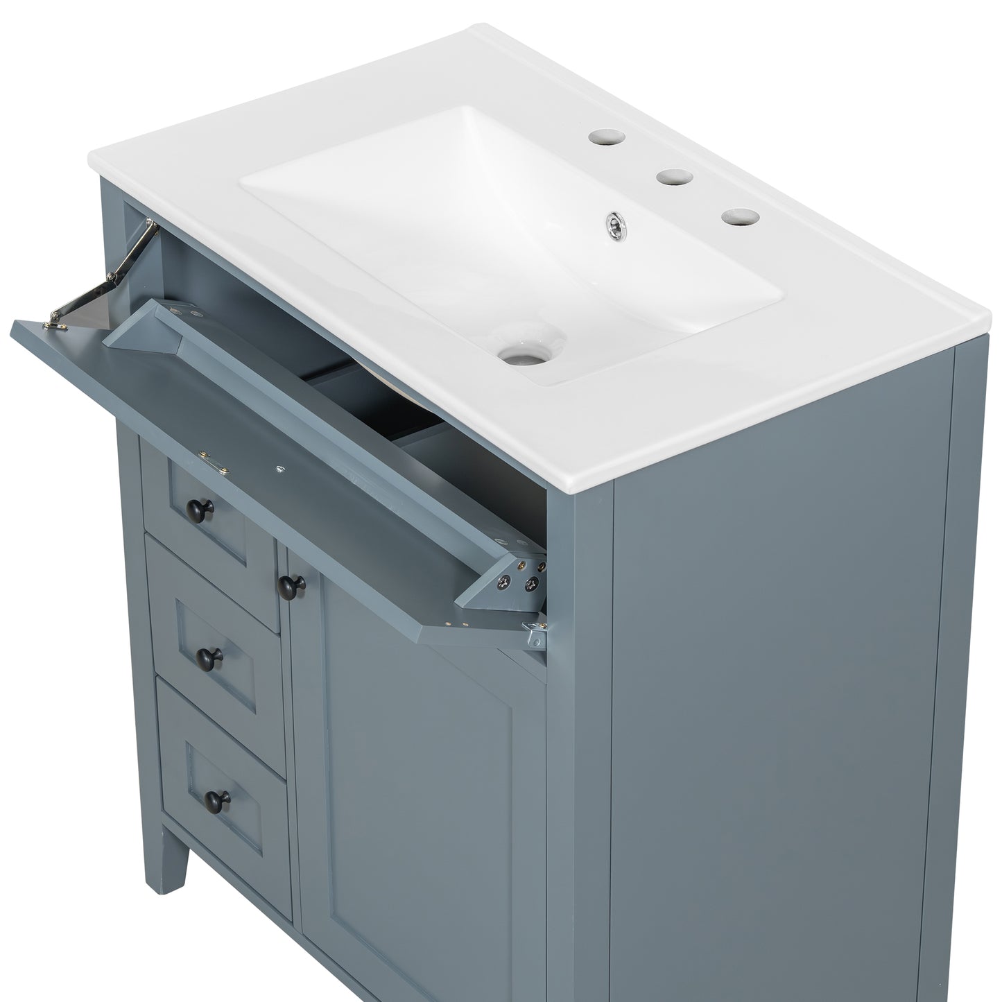 VanityFus 30-in Blue Grey Bathroom Vanity Single Sink Combo Ceramic Top 1 door 4 drawers Adjustable Shelves