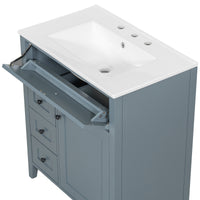 VanityFus 30-in Blue Grey Bathroom Vanity Single Sink Combo Ceramic Top 1 door 4 drawers Adjustable Shelves