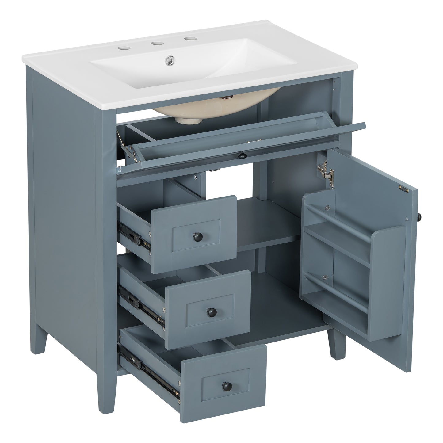 VanityFus 30-in Blue Grey Bathroom Vanity Single Sink Combo Ceramic Top 1 door 4 drawers Adjustable Shelves
