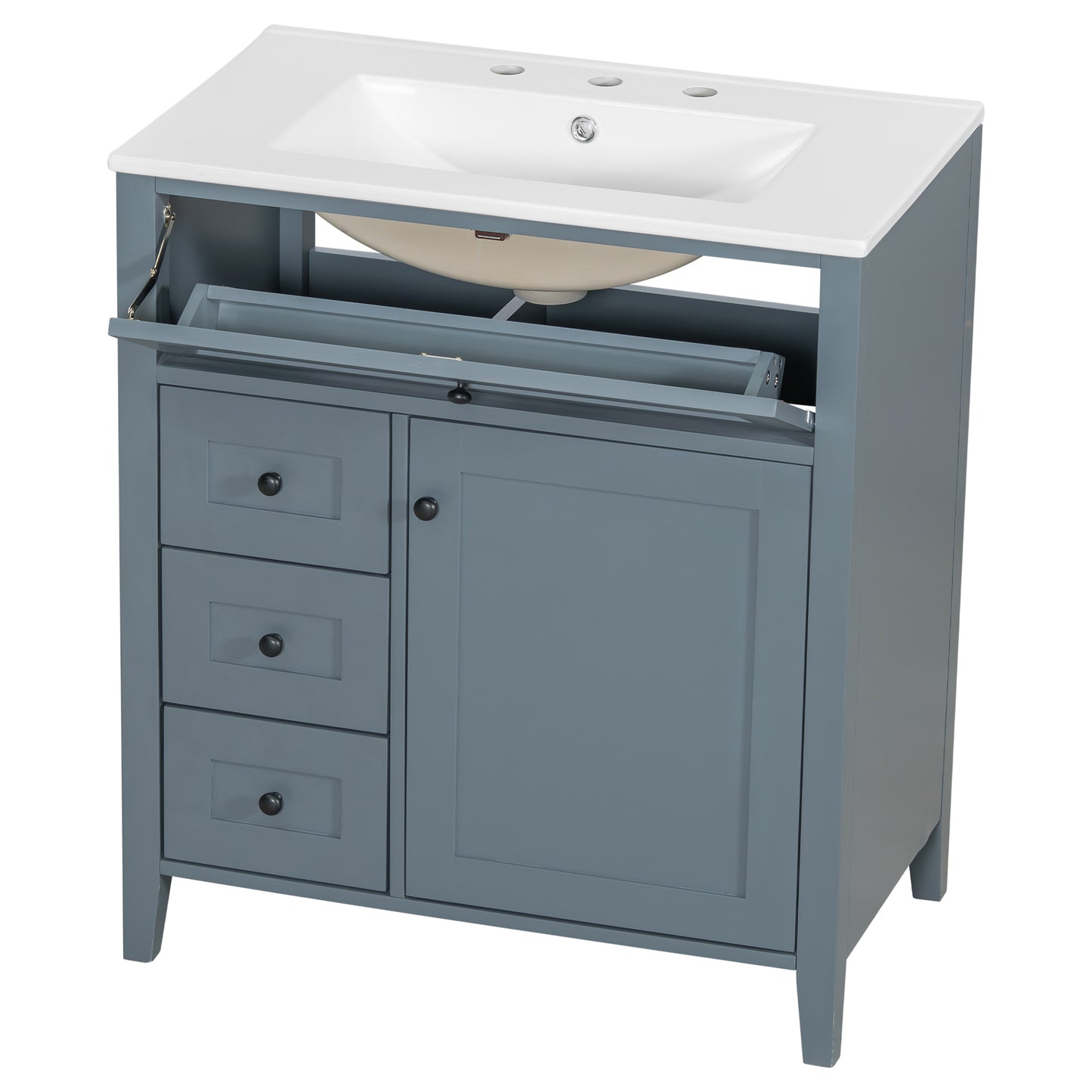 VanityFus 30-in Blue Grey Bathroom Vanity Single Sink Combo Ceramic Top 1 door 4 drawers Adjustable Shelves