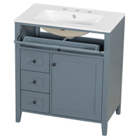 VanityFus 30-in Blue Grey Bathroom Vanity Single Sink Combo Ceramic Top 1 door 4 drawers Adjustable Shelves