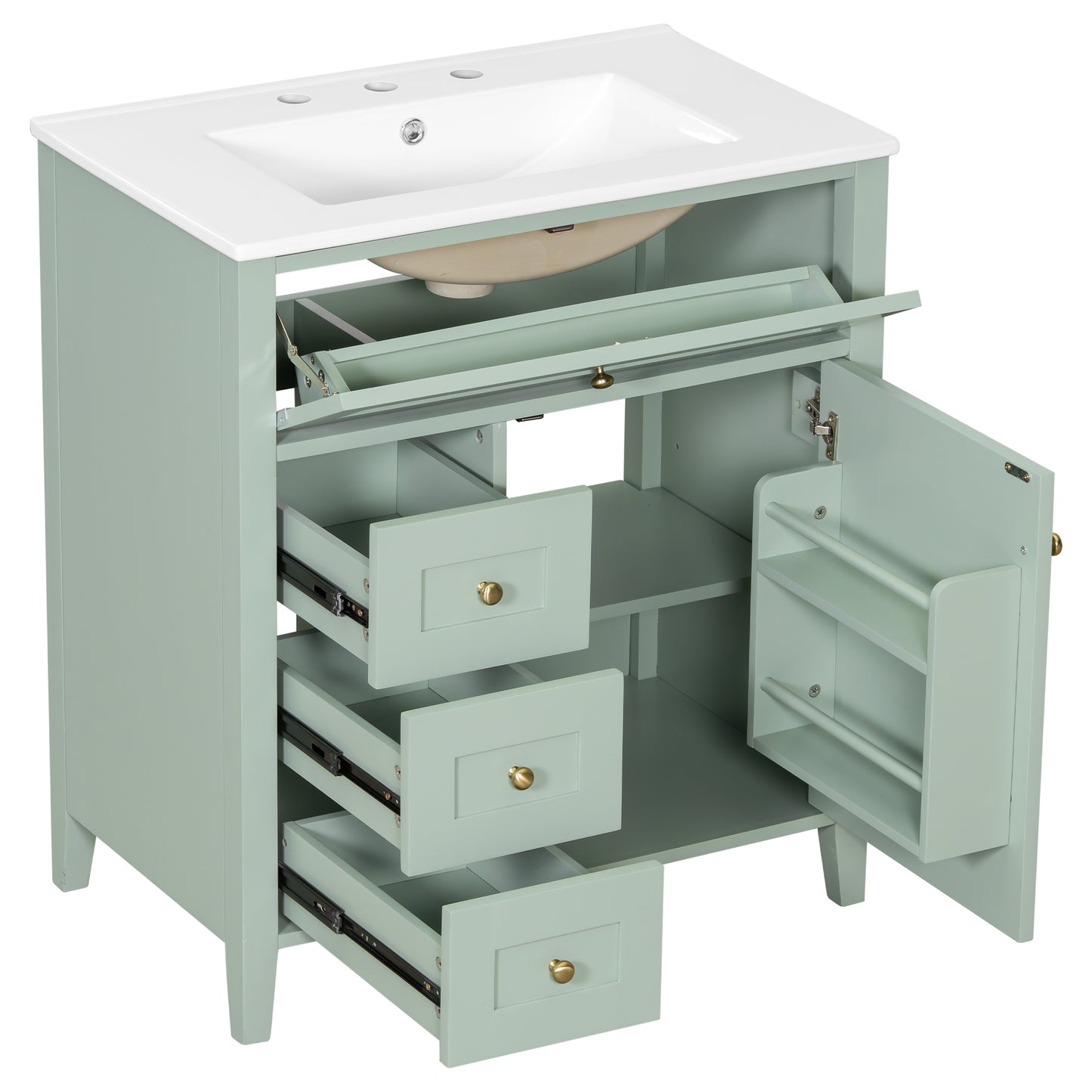 VanityFus 30-in Green Bathroom Vanity Single Sink Combo Ceramic Top 1 door 4 drawers Adjustable Shelves